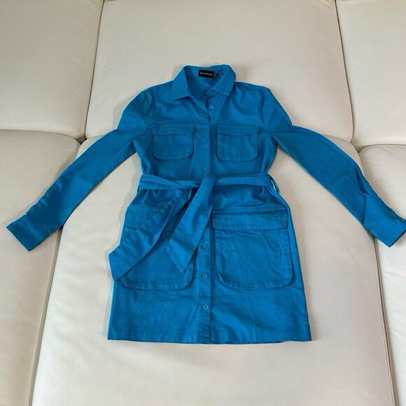 PrettyLittleThing Blue Utility Tie Waist Long Sleeve Shirt Dress - Picture 1 of 7